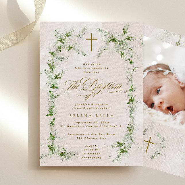 Eucalyptus Gold Cross Wreath Girl Baptism Photo Invitation (Creator Uploaded)