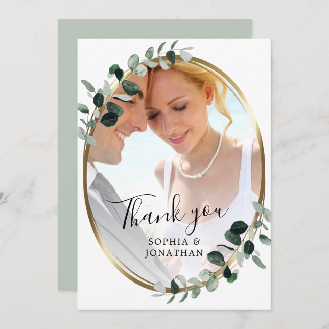 Eucalyptus Gold Elegant Script Photo Wedding Thank Thank You Card (Front/Back)