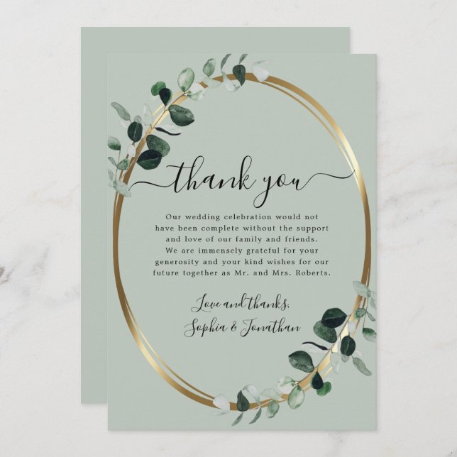 Eucalyptus Gold Elegant Script Sage Green Wedding Thank You Card (Front/Back)