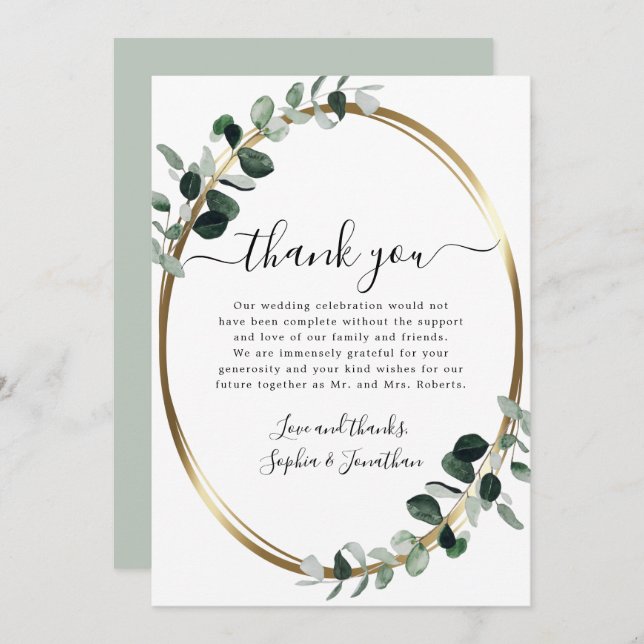 Eucalyptus Gold Elegant Script White Sage Wedding Thank You Card (Front/Back)