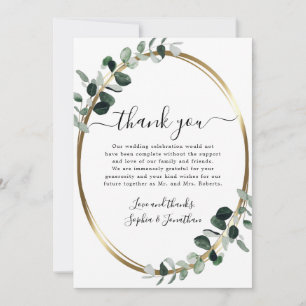 Eucalyptus Gold Elegant Script White Wedding Thank You Card