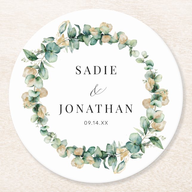 Eucalyptus Gold Elegant Wreath Wedding Round Paper Coaster (Front)