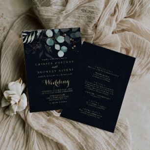 Eucalyptus Gold Floral Blue Front & Back Wedding Invitation