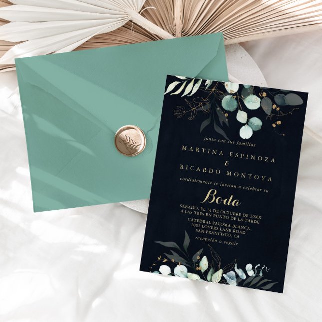 Eucalyptus Gold Floral Blue Spanish Wedding  Invitation (Creator Uploaded)