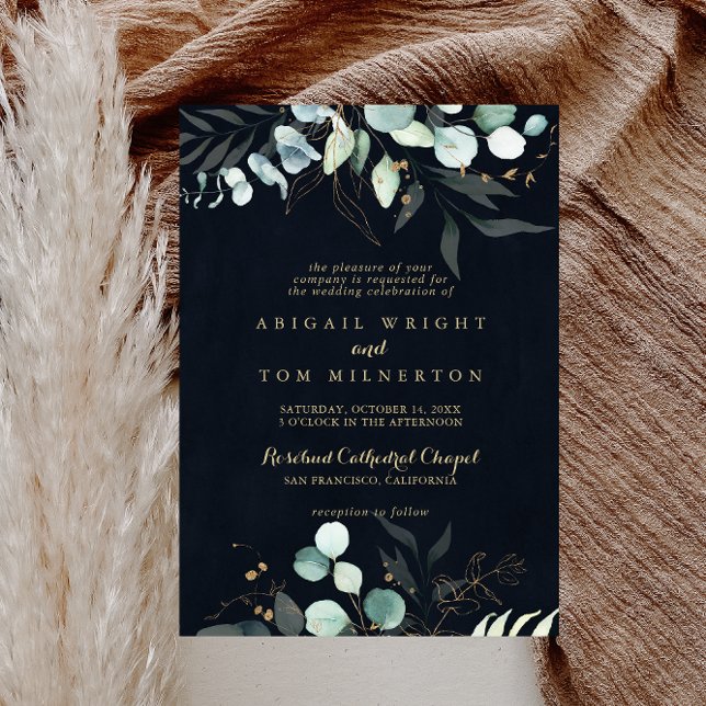 Eucalyptus Gold Floral Blue Traditional Wedding  Invitation (Creator Uploaded)