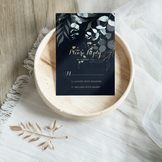 Eucalyptus Gold Floral Calligraphy Blue RSVP (Creator Uploaded)