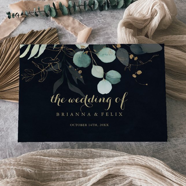 Eucalyptus Gold Floral Calligraphy Blue Wedding  Guest Book (Creator Uploaded)