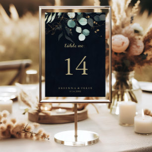 Eucalyptus Gold Floral Calligraphy Blue Wedding  Table Number