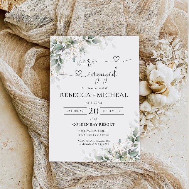 Eucalyptus Gold Floral Engagement Party Invitation (Creator Uploaded)