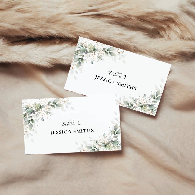 Eucalyptus Gold Floral Greenery Flat Place Card (Creator Uploaded)