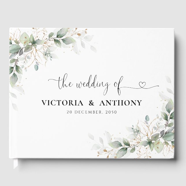 Eucalyptus Gold Floral Greenery Wedding Guest Book (Front)