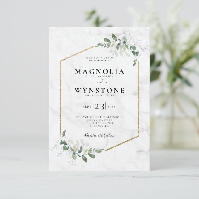 Eucalyptus Gold Foil Frame Marble Wedding Invitation (Standing Front)