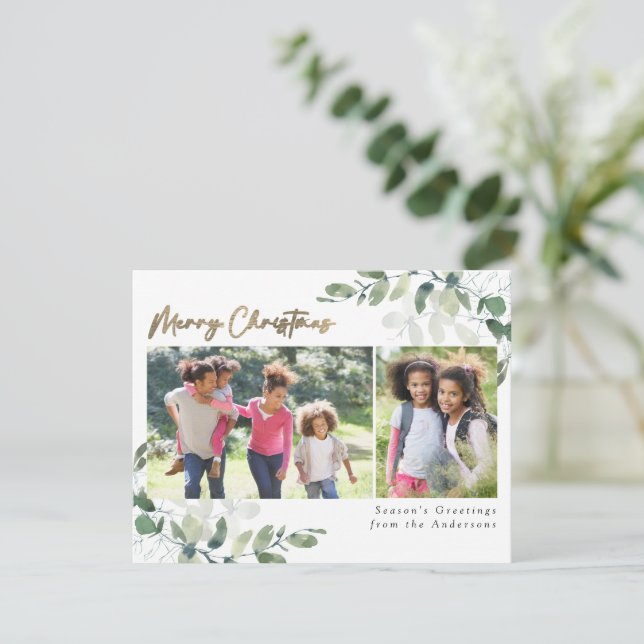 Eucalyptus Gold Foil Merry Christmas 2 Photos Holiday Card (Standing Front)