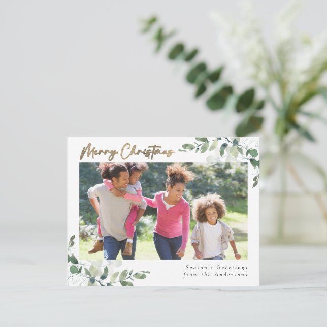 Eucalyptus Gold Foil Merry Christmas Photo Holiday Card (Standing Front)