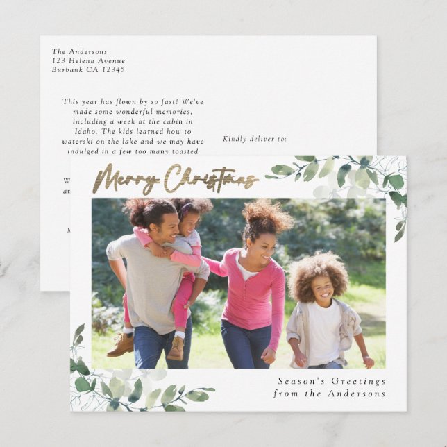 Eucalyptus Gold Foil Merry Christmas Photo Holiday Postcard (Front/Back)