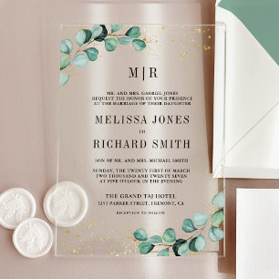 Eucalyptus Gold Formal Monogram Wedding Acrylic Invitations