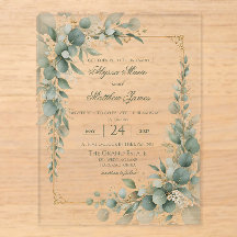 Eucalyptus Gold Frame Wedding Invitation