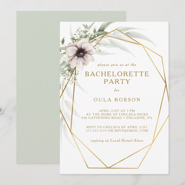 Eucalyptus Gold Geometric Bachelorette Party Invitation (Front/Back)
