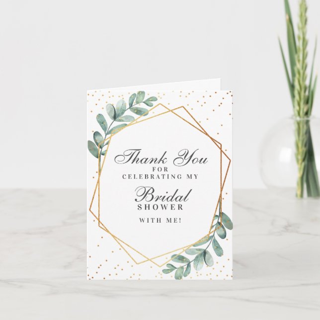 Eucalyptus Gold Geometric Bridal Shower Thank You Card (Front)