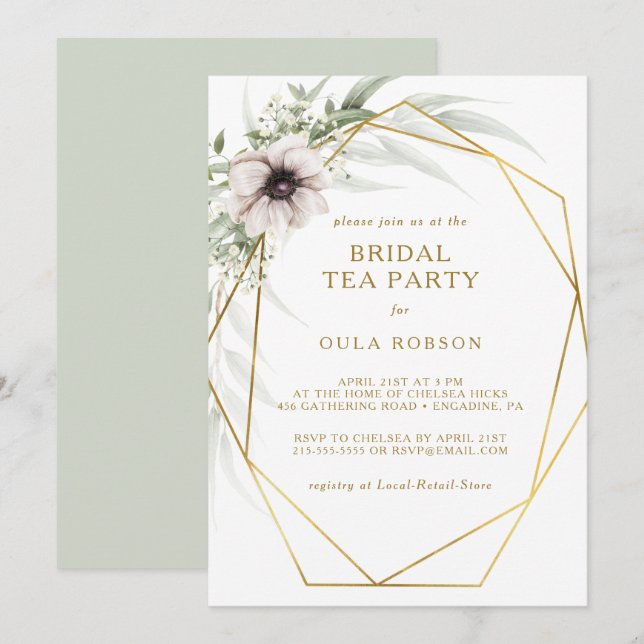 Eucalyptus Gold Geometric Bridal Tea Party Invitation (Front/Back)