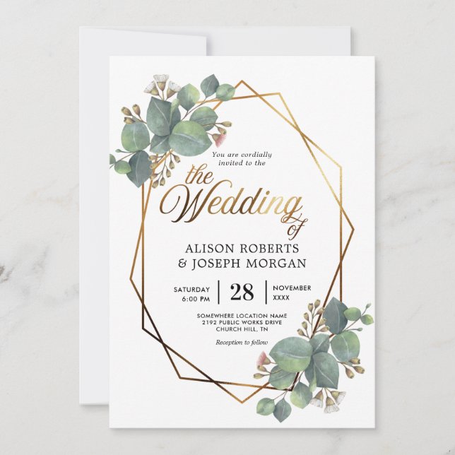 Eucalyptus gold geometric frame wedding invitation (Front)