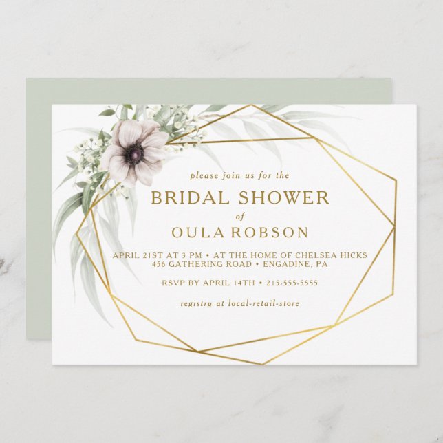 Eucalyptus Gold Geometric Horizontal Bridal Shower Invitation (Front/Back)