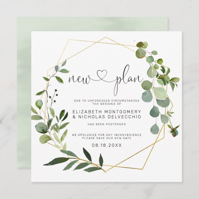 Eucalyptus Gold Geometric | Postponed Wedding Invitation (Front/Back)