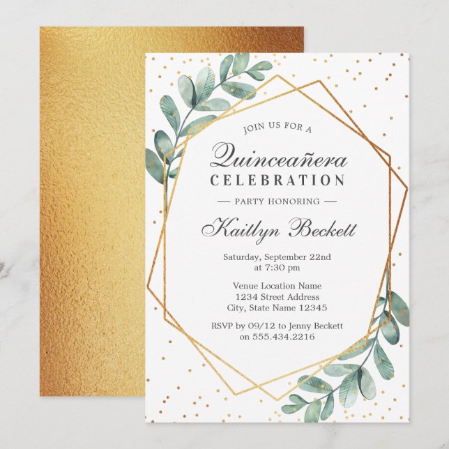 Eucalyptus Gold Geometric Quinceañera Birthday Invitation (Front/Back)