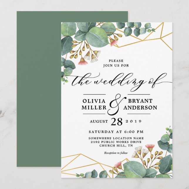 Eucalyptus Gold Geometric Shape Wedding Invitation (Front/Back)