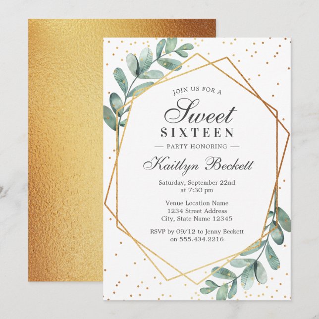 Eucalyptus Gold Geometric Sweet Sixteen Invitation (Front/Back)