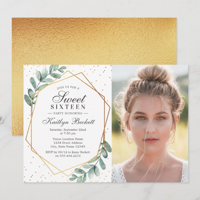 Eucalyptus Gold Geometric Sweet Sixteen Photo Invitation (Front/Back)