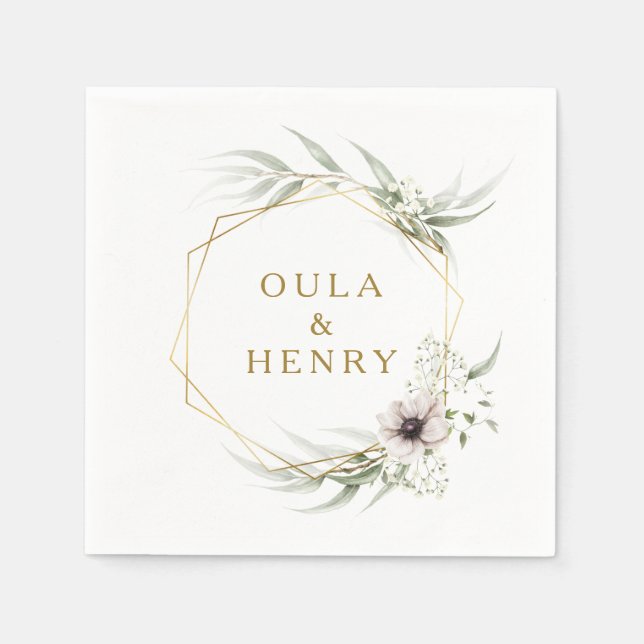 Eucalyptus Gold Geometric Wedding Napkins (Front)