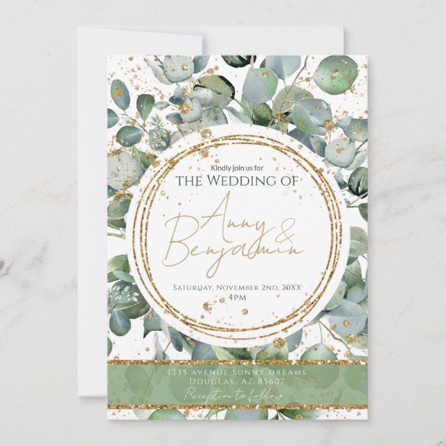 Eucalyptus Gold Glitter - Green - Invitation 03 (Front)