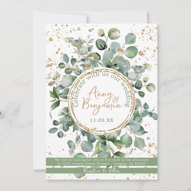 Eucalyptus Gold Glitter - Green - Invitation 04 (Front)