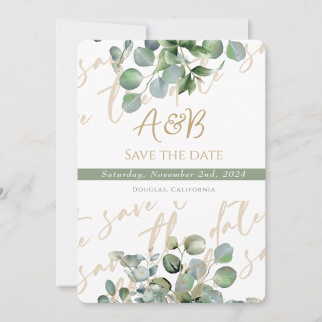 Eucalyptus Gold Glitter green - Save the date 2 Invitation (Front)