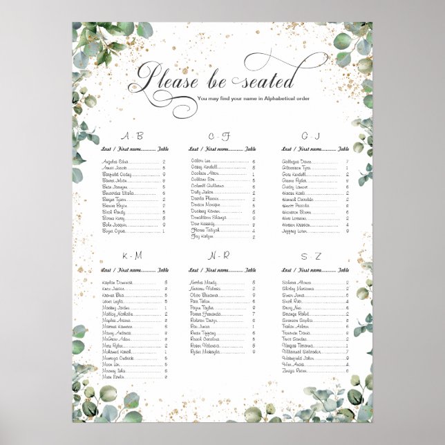 Eucalyptus Gold Glitter - Green Wedding charts  (Front)