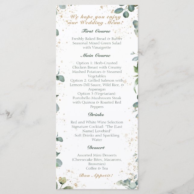 Eucalyptus Gold Glitter - Green Wedding  Menu (Front)