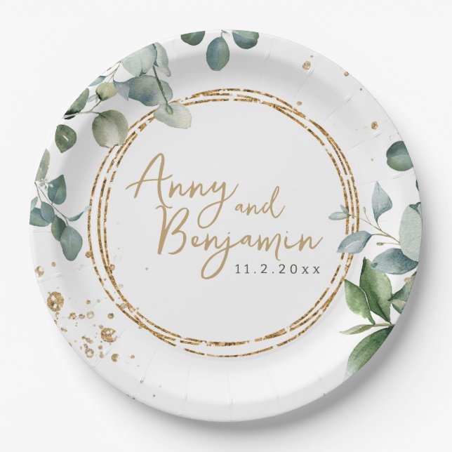Eucalyptus Gold Glitter - Green Wedding plate 2 (Front)