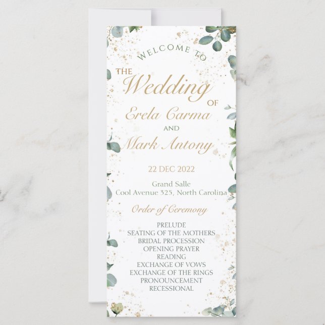 Eucalyptus Gold Glitter - Green Wedding Program (Front)