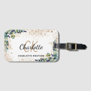 Eucalyptus gold glitter monogram name  luggage tag