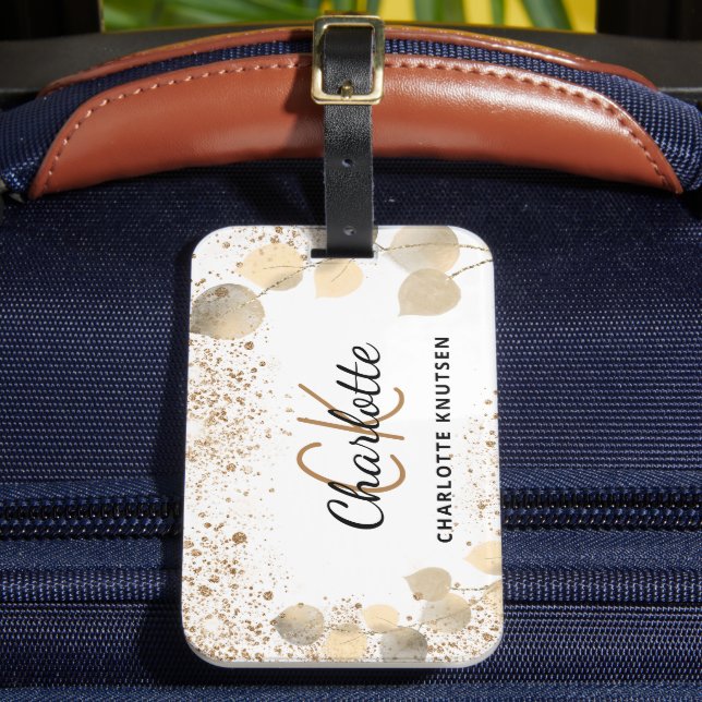 Eucalyptus gold glitter monogram name luggage tag (Front Insitu 2)