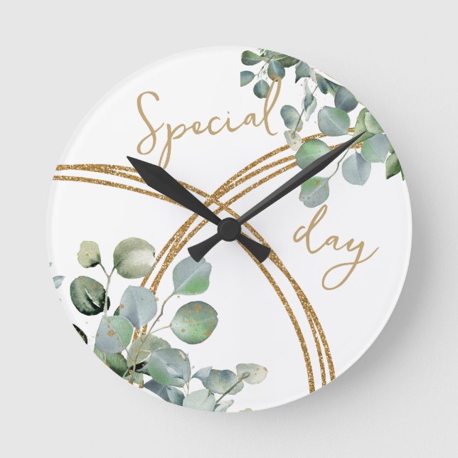 Eucalyptus gold glitter  round clock (Front)