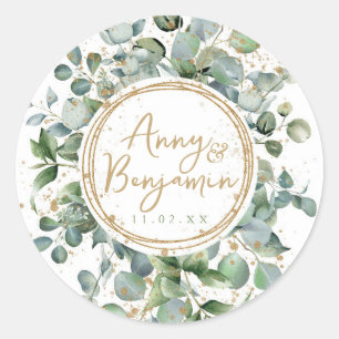 Eucalyptus gold glitter wedding  classic round sticker