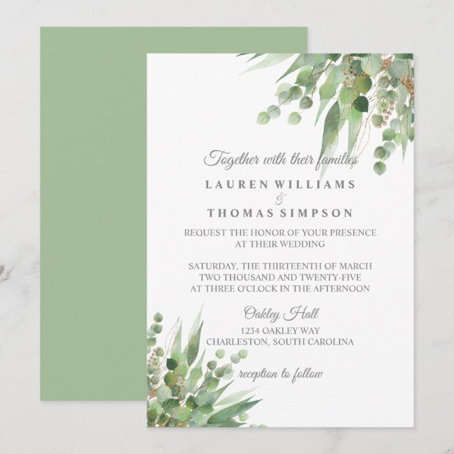 Eucalyptus Gold Glitter Wedding Invitation (Front/Back)