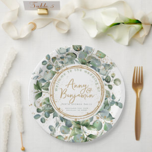 Eucalyptus gold glitter wedding  paper plate