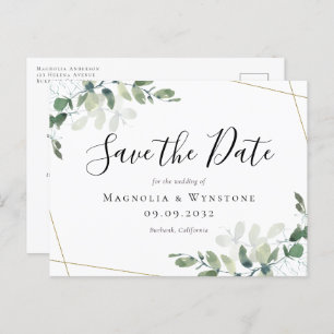 Eucalyptus Gold Glitter Wedding Save The Date Postcard