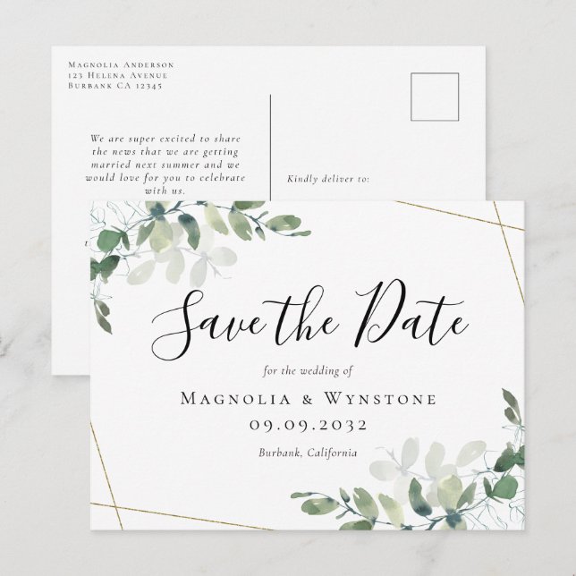 Eucalyptus Gold Glitter Wedding Save The Date  Postcard (Front/Back)