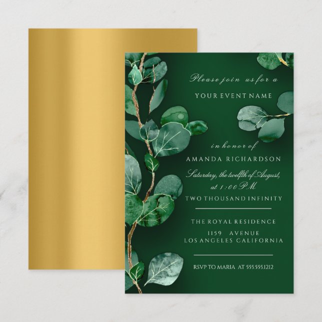 Eucalyptus Gold Green Bridal Birthday Anniversary Invitation (Front/Back)