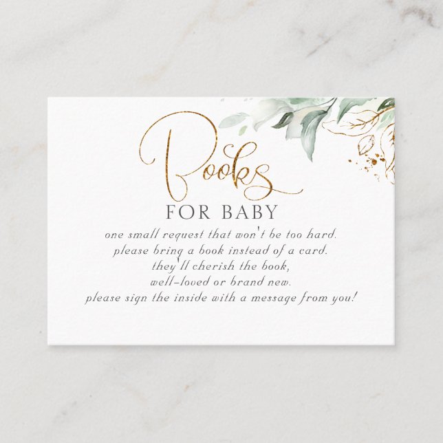 Eucalyptus Gold Greenery Baby Books Request Business Card (Front)