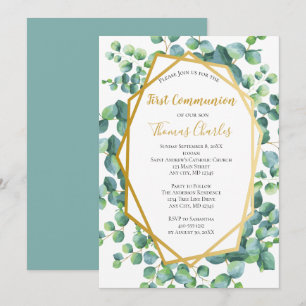 Eucalyptus Gold Greenery Boy Girl First Communion Invitation
